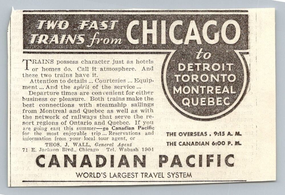 1933 Canadian Pacific Railway Ad Chicago Detroit Toronto Quebec Train Travel